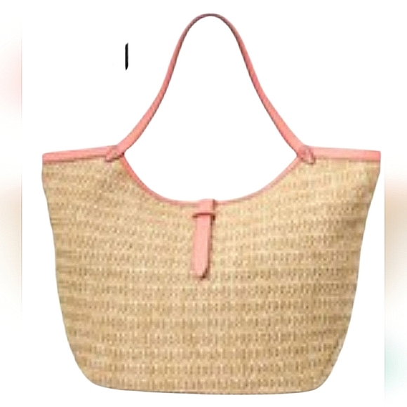 Stella & Dot Handbags - STELLA & DOT Riveria Woven Tote In Natural With Coral Accents. NWOT